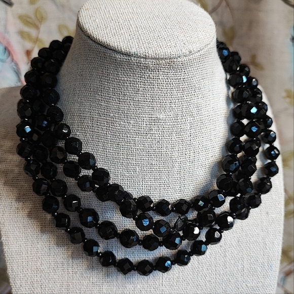 Vintage Antique Jet Black Glass Faceted Extremely Long Strand Beaded Necklace - Picture 2 of 7
